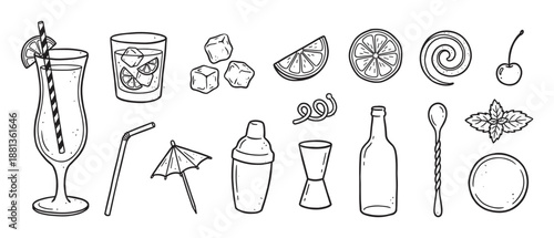 Hand drawn black and white cocktail elements set featuring a shaker, glasses, citrus fruit, ice, and bar tools for making summer drinks in a simple doodle illustration style