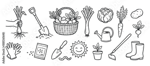 Hand drawn gardening and farming icon set with fresh vegetables, agricultural tools, and harvest equipment in a black and white doodle style vector illustration