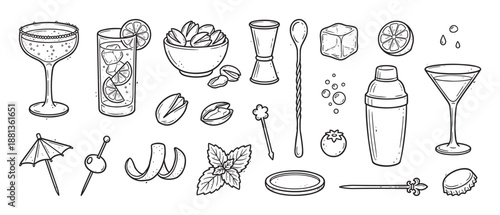 Hand-drawn black and white collection of cocktail making elements including a shaker, glasses, bar tools, and garnishes in a detailed doodle sketch illustration style