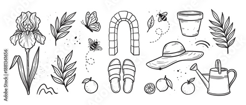 Hand-drawn collection of garden themed doodles featuring an iris flower, watering can, sun hat, bee, butterfly, fruit, and other summer elements in a vintage sketch style
