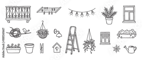 Hand-drawn set of black line art balcony and garden elements, featuring windows, potted plants, a bird, string lights, and a watering can in a cute doodle illustration style