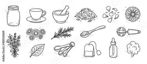 Hand drawn set of herbal tea making elements with a teacup, mortar, pestle, chamomile, and rosemary in a black and white doodle style for wellness and natural remedy concepts