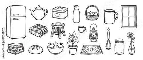 Collection of hand-drawn rustic household items including a refrigerator, teapot, blanket, and food, illustrated in a cozy black and white doodle style for a farmhouse aesthetic