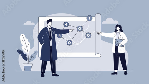 Two professionals analyzing data graph on a presentation board