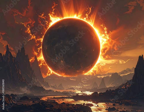 A celestial body, encircled by solar flares, dominates the sky above a rugged landscape of mountains, rivers, and barren terrain