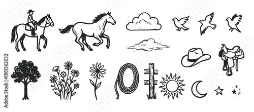 Hand-drawn western themed icon set featuring a cowboy, horse, saddle, hat, lasso, and nature elements in a rustic black and white stamp-like illustration style with a textured effect