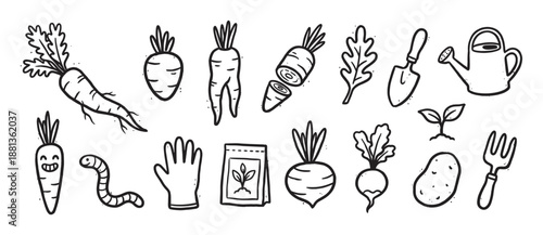 Set of hand-drawn gardening icons featuring vegetables, tools, and a worm in a simple black and white doodle style for agricultural and farming concepts