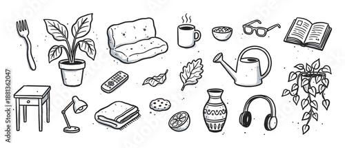 Collection of hand-drawn doodle illustrations featuring various cozy home objects like furniture, plants, food, and electronics in a simple black and white sketchy art style
