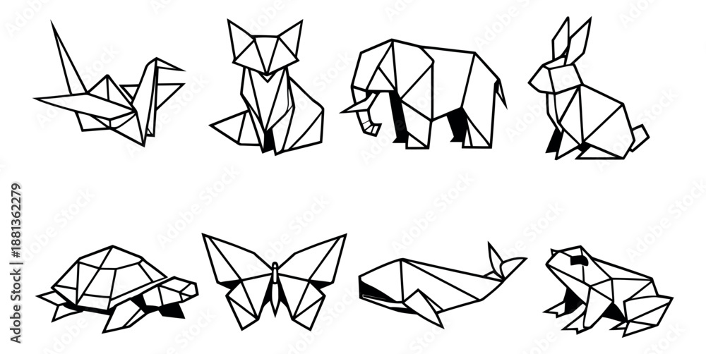 Fototapeta premium Geometric line art origami animal set featuring a crane, fox, elephant, rabbit, turtle, butterfly, whale, and frog for creative design