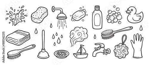 Set of hand-drawn bathroom and cleaning icons featuring a rubber duck, soap, shampoo, and shower in a simple black and white doodle style illustration for personal care concepts