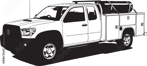 Heavy duty utility truck with service body on checkered background