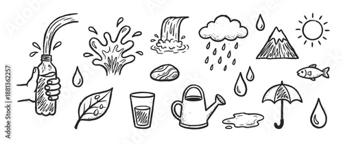 Set of hand-drawn water-themed icons in a black and white doodle style, featuring a bottle, splash, rain cloud, waterfall, fish, and other nature and weather elements