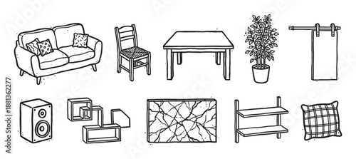 Hand-drawn black and white furniture icons set featuring a sofa, chair, table, plant, and decor elements in a minimalist doodle style for interior design concepts