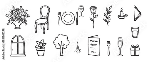 Set of hand-drawn doodle icons for a restaurant or romantic dinner, featuring a menu, flowers, tableware, and celebration elements in a black and white line art style