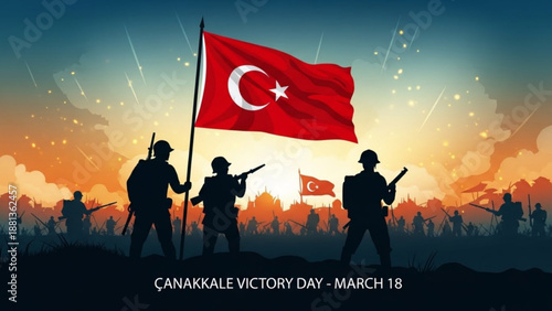 Turkish soldiers celebrate anakkale victory day with flags and guns at sunset