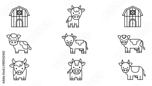 Simple line drawings of cows and barns in various poses.