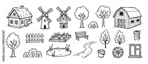Hand drawn village and farm elements set with a rustic cottage, windmill, barn, trees, and pond in a black and white doodle sketch style illustration for creative projects