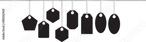Set of blank price tags or sale labels hanging on transparent background