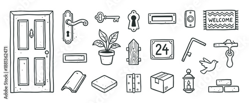 Hand-drawn doodle set of house entrance items including a door, key, doormat, potted plant, and doorbell, illustrated in a charming black and white line art sketch style