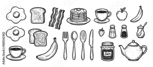Hand-drawn breakfast and brunch food icon set in a vintage monochrome doodle style, featuring pancakes, eggs, bacon, toast, coffee, fruit, and various kitchen utensils