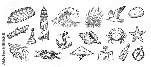 Collection of hand-drawn nautical illustrations featuring a lighthouse, anchor, crab, wave, compass, and boat in a detailed black and white vintage engraving sketch style