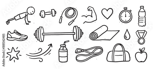 Set of hand-drawn fitness and gym doodle icons showing various exercise equipment, healthy food, and workout symbols in a simple black and white line art style