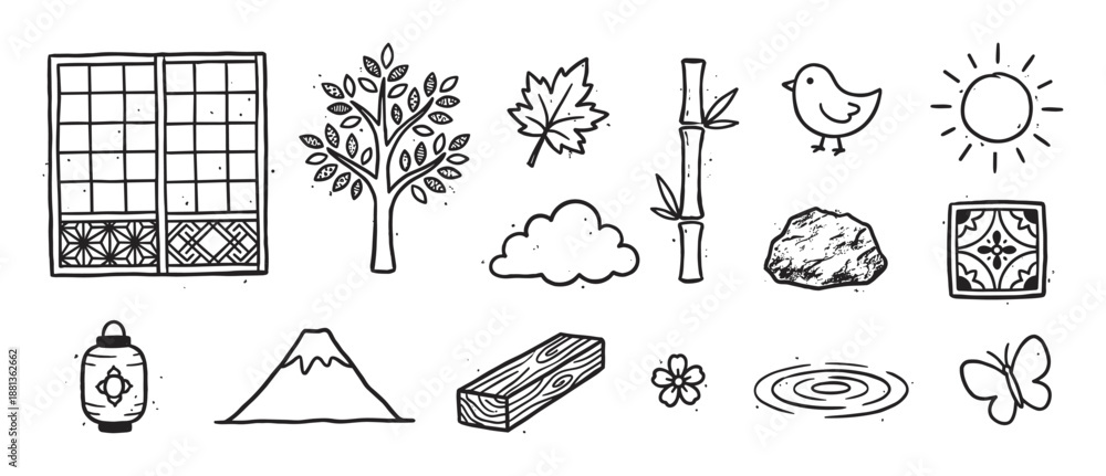 Fototapeta premium Hand-drawn set of Japanese cultural icons representing nature and traditional elements like bamboo, a lantern, and a mountain in a simple monochrome doodle sketch style