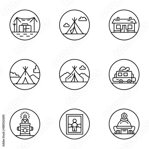 Minimalist line art camping and travel icons set