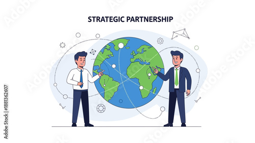 Businessmen forming strategic partnership around the globe, global connections
