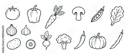Large set of hand-drawn vegetable icons in a simple black line art style, featuring fresh produce like tomato, carrot, pepper, and pumpkin for healthy eating concepts