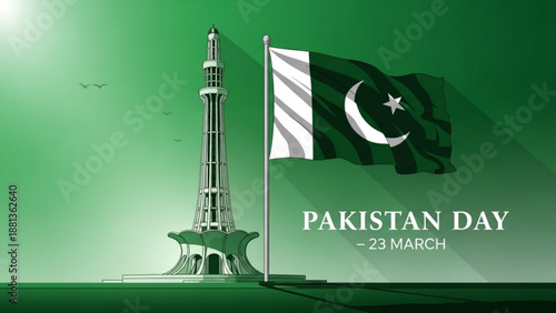 Pakistan day celebration with flag and minar e pakistan monument on green background