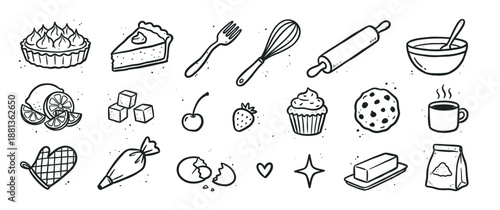 Hand-drawn baking and dessert doodle icons including a lemon tart, cupcake, cookie, whisk, rolling pin, and ingredients like flour and butter in a simple line art style