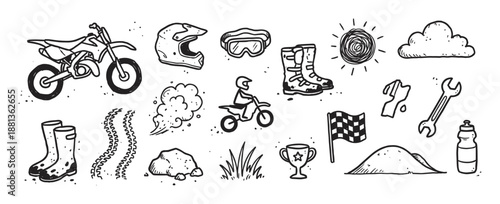 Hand-drawn motocross and dirt bike doodle icons featuring a motorcycle, helmet, trophy, and racing elements in a sketchy black and white illustration style for extreme sports concepts