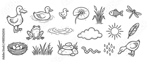 Hand-drawn doodle set of cute pond animals and nature elements, including a duck, duckling, frog, fish, dragonfly, nest, and sun, rendered in a simple black outline style