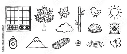 Hand-drawn set of Japanese cultural icons representing nature and traditional elements like bamboo, a lantern, and a mountain in a simple monochrome doodle sketch style
