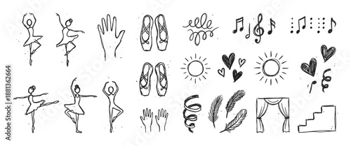 Collection of hand-drawn black ink doodles featuring ballet dancers, pointe shoes, musical notes, hearts, and stage elements in a whimsical, artistic sketch style