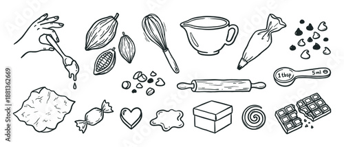 Collection of hand-drawn chocolate making and baking icons including cacao pods, a whisk, a rolling pin, and a candy bar in a simple black and white doodle sketch illustration