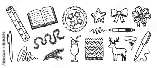 Large set of hand-drawn black and white winter holiday icons in a whimsical doodle style, featuring a book, star cookies, a reindeer, wrapping paper, festive bows, and a cozy drink