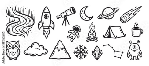 Set of hand-drawn doodle icons featuring space and camping elements like a rocket, astronaut, tent, and campfire in a simple black and white line art illustration style