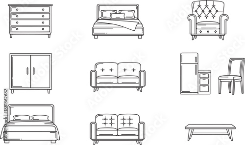 Collection of furniture line art icons for interior design