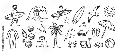 Set of hand-drawn beach and summer doodles featuring a surfer, ocean wave, palm tree, and sandcastle in a simple black and white line art illustration style for vacation themes