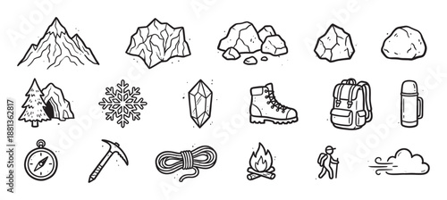 Set of hand drawn hiking and mountaineering icons showing a mountain, backpack, boot, compass, and campfire in a simple black and white doodle style illustration for adventure themes