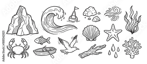 Hand-drawn black and white sea life illustrations in a doodle style, a collection of nautical icons including a crab, wave, boat, seagull, fish, shell, and coral elements