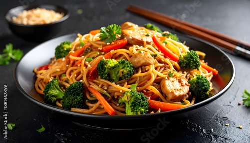 Delicious Chicken Lo Mein with Broccoli and Red Pepper on Dark Plate