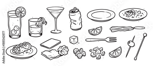 Black and white hand-drawn illustration set of various food, drinks, and bar accessories like cocktails, appetizers, plates, and utensils in a sketchy doodle style
