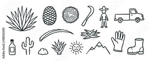 Set of hand-drawn agave farming icons showing a jimador, coa, piña, cactus, truck, and other agricultural elements in a simple monochrome doodle style