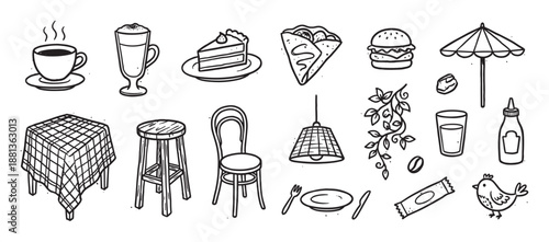 Hand-drawn black and white doodle icons set featuring various cafe and restaurant elements like coffee, cake, hamburger, furniture, and drinks in a charming sketchy line art style