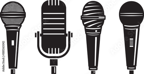 Microphones set outline and silhouette icons on transparent