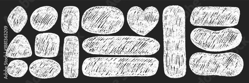 Set of abstract blob shapes with rough texture. Hand drawn figure with crayon and chalk texture. White vector illustration on a blackboard.