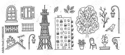 Hand-drawn doodle set of various city life elements including a landmark tower, building, tree, fountain, and architectural details in a charming black and white line art style